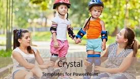  Presentation with teen girls - PPT layouts enhanced with two teen girls sit on ground and support kids in rollers who stand holding hands background and a coral colored foreground