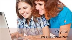  Presentation with teen girls - PPT layouts featuring two teen-girls with laptop isolated on white background background and a coral colored foreground