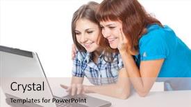  Presentation with teen girls - Cool new presentation theme with two teen-girls with laptop isolated on white background backdrop and a lemonade colored foreground