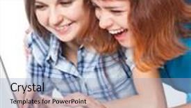  Presentation with teen girls - Colorful presentation theme enhanced with two teen-girls with laptop isolated on white background backdrop and a light blue colored foreground