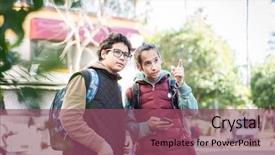 Presentation with boys scouts bbq - Colorful presentation design enhanced with two teenage boys with backpack backdrop and a violet colored foreground