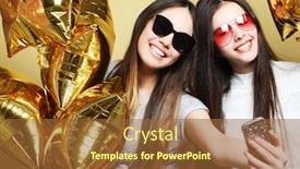  Presentation with gold balloons - Cool new slides with two teenage girls friends with gold balloons make selfie on a phone yellow background backdrop and a tawny brown colored foreground