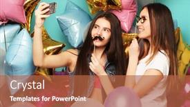  Presentation with blue balloons - Presentation theme consisting of two teenage girls friends with colorfoul balloons make selfie on a phone blue background background and a red colored foreground