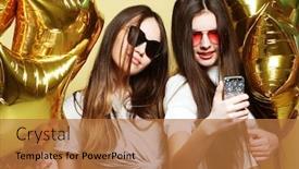  Presentation with gold balloons - Cool new slides with two teenage girls friends with gold balloons make selfie on a phone yellow background backdrop and a coral colored foreground