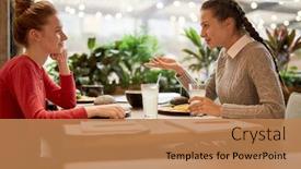  Presentation with fast food - Presentation theme enhanced with two teenage girls in casualwear having conversation in fast food cafe by lunch background and a coral colored foreground