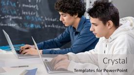  Presentation with front desk - Colorful slide set enhanced with two-teenage-guys-typing backdrop and a light gray colored foreground