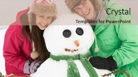  Presentation with snowman - PPT theme with two teenagers building snowman on ski holiday in mountains background and a coral colored foreground