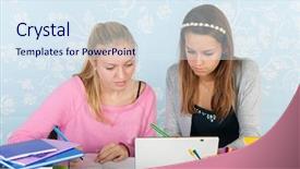  Presentation with homework - Theme featuring two teengirls sitting at desk making homework together using a digital tablet background and a sky blue colored foreground