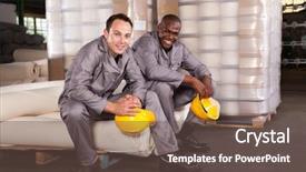  Presentation with factory workers - PPT theme having two textile factory workers relaxing background and a tawny brown colored foreground