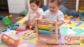  Presentation with toddlers - Presentation design consisting of two-toddlers-playing-with-abacus background and a coral colored foreground