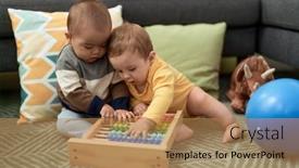  Presentation with toddlers - Presentation theme with two-toddlers-playing-with-abacus background and a coral colored foreground