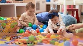  Presentation with xylophone - Presentation theme having two-toddlers-playing-with-balls background and a coral colored foreground