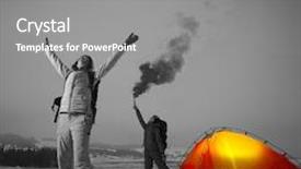  Presentation with backpacks - Presentation design consisting of signal smoke - two tourists with backpacks asking background and a gray colored foreground