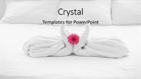  Presentation with bed hotel - Theme featuring two towel swans and flower background and a light gray colored foreground