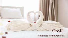  Presentation with bed hotel - Theme with two towel swans and rose background and a lemonade colored foreground
