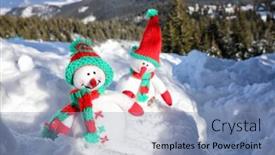  Presentation with snowmen - Slide deck featuring two toy snowmen at mountain resort on sunny frosty day winter vacation background and a seafoam green colored foreground