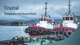  Presentation with tugboat - Slide deck having two tugboats in the port background and a light blue colored foreground