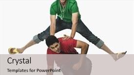  Presentation with university - Cool new slides with two university students playing leapfrog backdrop and a light gray colored foreground