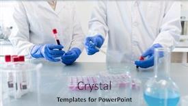  Presentation with coats - Colorful slides enhanced with two-unrecognizable-pharmacologists-wearing-protective backdrop and a light blue colored foreground