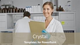  Presentation with scientific research - Presentation theme enhanced with two-upbeat-scientists-a-man and a coral colored foreground