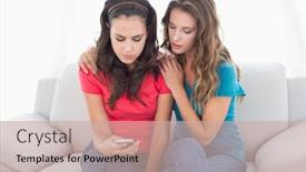  Presentation with text message - Presentation theme enhanced with two upset young female friends reading text message in the living room at home background and a soft green colored foreground