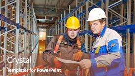 Presentation with warehouse - Beautiful presentation design featuring two warehouse worker in front backdrop and a  colored foreground