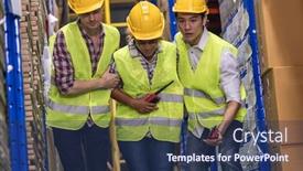  Presentation with safety first - Slide deck having two-warehouse-workers-help background and a ocean colored foreground