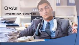  Presentation with call center - Theme featuring two way communication - desperate sad employee tired background and a soft green colored foreground