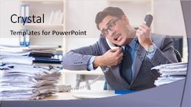  Presentation with call center - PPT theme enhanced with two way communication - desperate sad employee tired background and a soft green colored foreground