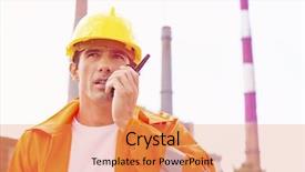 Presentation with walkie talkie - Beautiful theme featuring two way communication - male construction worker wearing reflective backdrop and a coral colored foreground