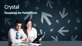  Presentation with arrows - Beautiful slide set featuring two way communication - successful business couple with arrows backdrop and a navy blue colored foreground
