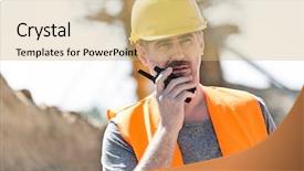  Presentation with walkie talkie - Presentation design with two way radio - confident supervisor using walkie-talkie background and a coral colored foreground