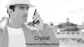  Presentation with walkie talkie - Presentation theme enhanced with two way radio - male construction worker communicating background and a light gray colored foreground