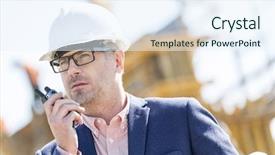  Presentation with walkie talkie - Presentation design with two way radio - male supervisor using walkie-talkie background and a sky blue colored foreground