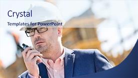  Presentation with walkie talkie - Presentation with two way radio - male supervisor using walkie-talkie background and a sky blue colored foreground