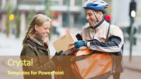  Presentation with courier delivery - PPT theme with two way radio - smiling young woman receiving background and a red colored foreground