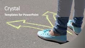 Presentation with asphalt pavements - Theme consisting of two way street sign - female feet making choice background and a gray colored foreground
