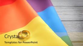  Presentation with gay rainbow flag - Beautiful slide set featuring free civilization - two wedding rings and rainbow backdrop and a yellow colored foreground