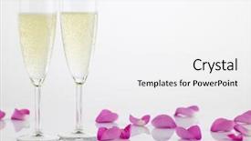  Presentation with flutes - PPT theme having two wedding rings next to champagne flutes and rose petals background and a white colored foreground