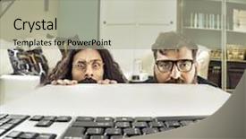  Presentation with geeks - Audience pleasing presentation theme consisting of two weird computer geeks starring backdrop and a mint green colored foreground