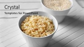  Presentation with quinoa - PPT layouts enhanced with two white bowls with sprouted organic quinoa grains on white wooden board background and a light gray colored foreground