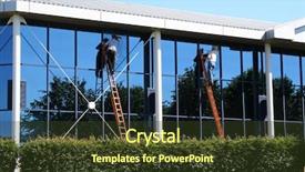  Presentation with airplane wing through airplane window - Presentation having two window cleaners at work background and a tawny brown colored foreground