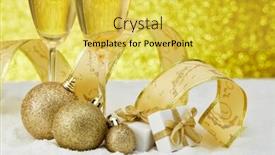  Presentation with champagne gold - Theme with two wineglasses with champagne gift boxes and christmas decoranions standing on snowy surface on a festive gold background christmas and new year greeting card background and a yellow colored foreground
