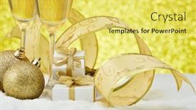  Presentation with champagne gold - Colorful PPT layouts enhanced with two wineglasses with champagne gift boxes and christmas decoranions standing on snowy surface on a festive gold background christmas and new year greeting card backdrop and a yellow colored foreground
