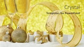  Presentation with champagne gold - Presentation having two wineglasses with champagne gift boxes and christmas decoranions standing on snowy surface on a festive gold background christmas and new year greeting card background and a yellow colored foreground