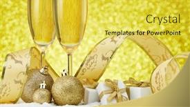  Presentation with champagne gold - Cool new presentation with two wineglasses with champagne gift boxes and christmas decoranions standing on snowy surface on a festive gold background copy space christmas and new year greeting card backdrop and a yellow colored foreground
