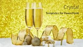  Presentation with champagne gold - Presentation theme enhanced with two wineglasses with champagne gift boxes and christmas decoranions standing on snowy surface on a festive gold background copy space christmas and new year greeting card background and a yellow colored foreground