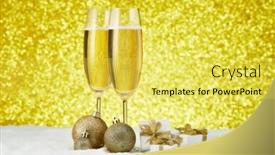  Presentation with champagne gold - Slides consisting of two wineglasses with champagne gift boxes and christmas decoranions standing on snowy surface on a festive gold background copy space christmas and new year greeting card background and a yellow colored foreground