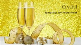  Presentation with champagne gold - Beautiful presentation theme featuring two wineglasses with champagne gift boxes and christmas decoranions standing on snowy surface on a festive gold background copy space christmas and new year greeting card backdrop and a yellow colored foreground