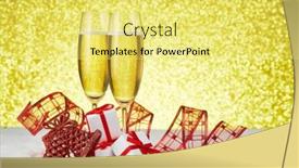 Presentation with champagne gold - Presentation theme having two wineglasses with champagne gift boxes and christmas decoranions standing on snowy surface on a festive gold background copy space christmas and new year greeting card background and a yellow colored foreground